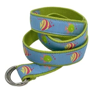 Unisex Green & Blue Fish Print Adjustable Cotton D Ring Belt 41.5"L x 1.25"W